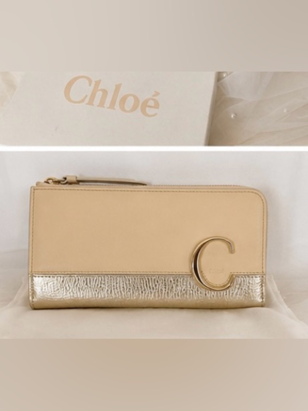 Chloé C Long Zip Wallet Cream & Metallic Gold Leather Dust Bag & New In Box! - Picture 2 of 9